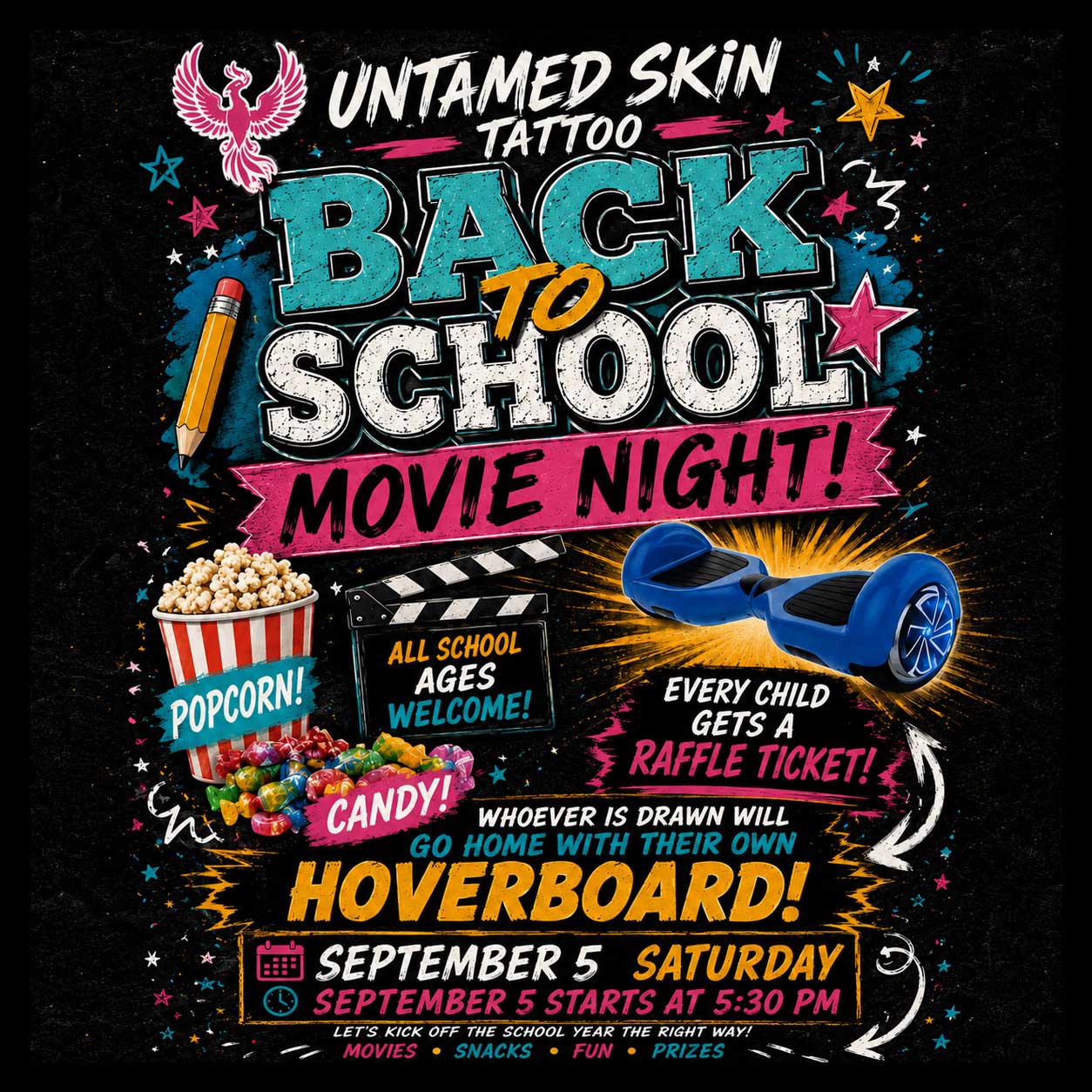 Untamed Skin Tattoo Back To School Movie Night flyer