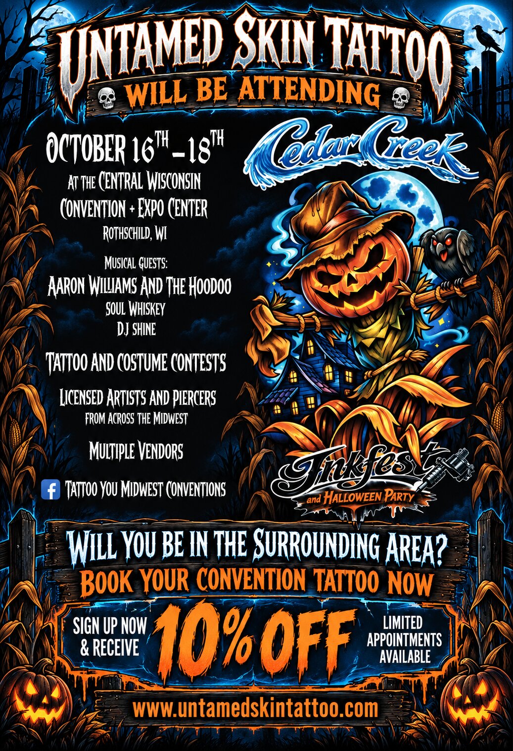 Untamed Skin Tattoo at Cedar Creek Inkfest & Halloween Party flyer